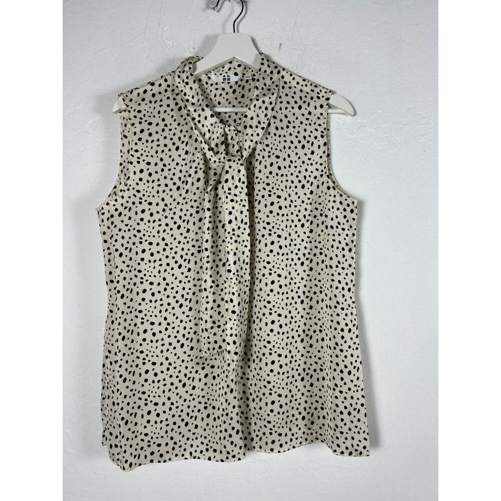 Uniqlo Womens Printed Bow Tie Neck Sleeveless Blouse Top Large Off White New